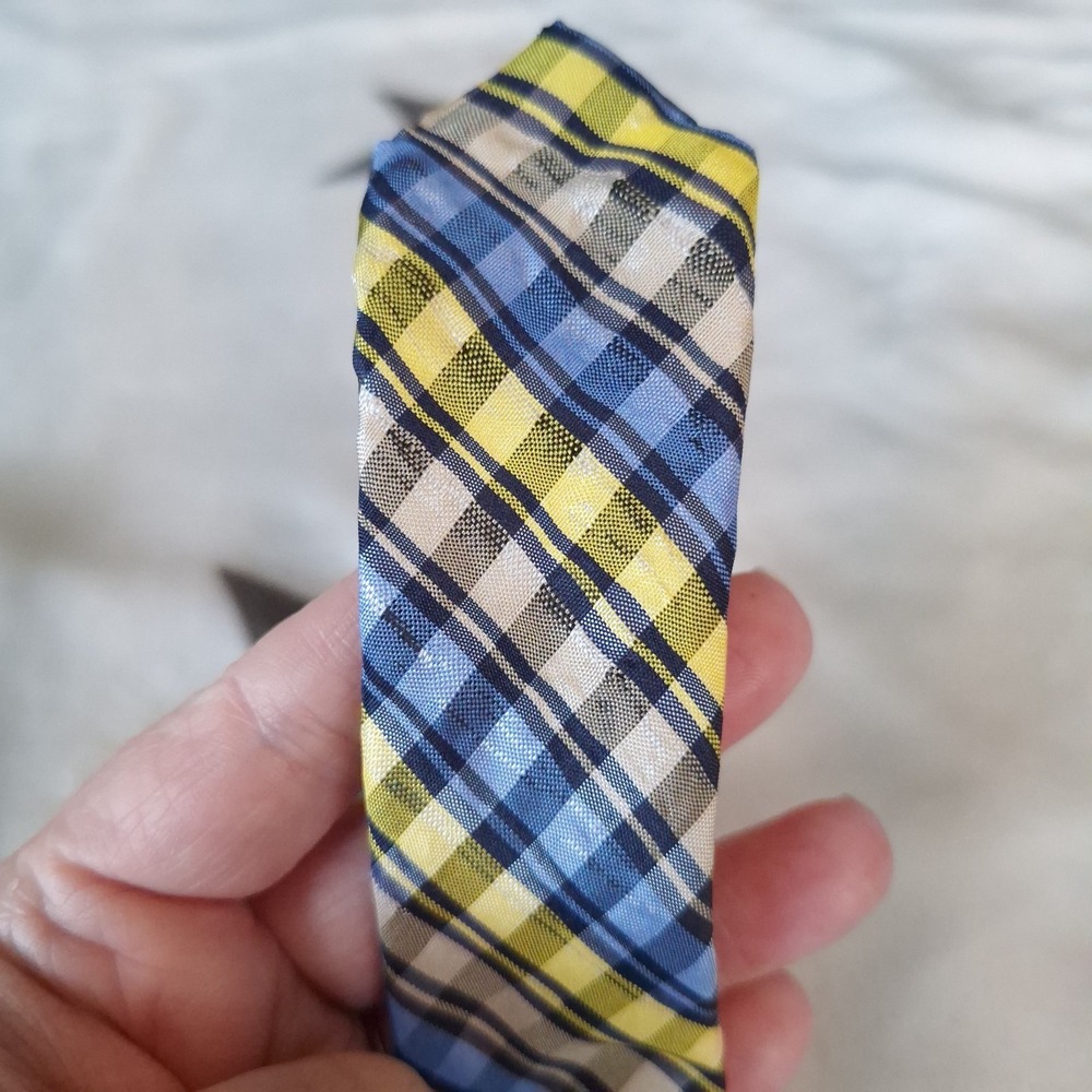 Chaps Mens Necktie Blue and Yellow Plaid 100% Silk Designer Tie Handmade - Picture 5 of 9